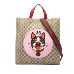 Gucci GG Supreme Bosco Dog Print Tote Bag/Shoulder Bag, 2-Way, Beige, Red, Multicolor Leather,