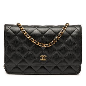 CHANEL Matelasse Coco Mark Chain Wallet Shoulder Bag in Black Caviar Skin for Women