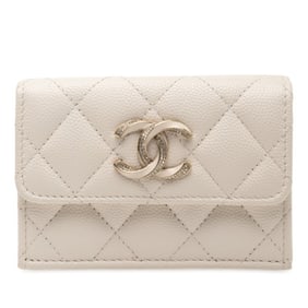 CHANEL Matelasse Coco Mark Rhinestone Tri-fold Wallet in White Caviar Leather for Women