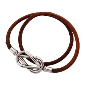 Hermes Hermès Atame Bracelet, 2-Row, Metal, Leather, Silver, Brown, Men's and Women's