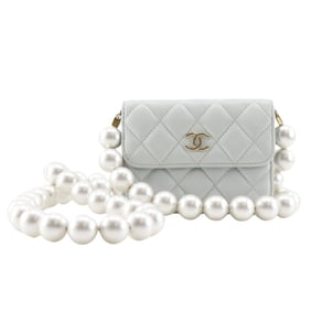 CHANEL Pearl Strap Flap Wallet Shoulder Bag Matelasse AP1838 Leather and Faux Light Blue Magnetic