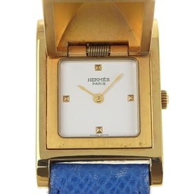 Hermès Medor Women's Watch, Gold-Plated Leather, Blue Quartz Movement, Analog Display, White Dial