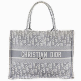 Christian Dior Book Tote Medium Bag, Oblique Embroidery, Cotton, Made in Italy, Light Gray, A4 Size,