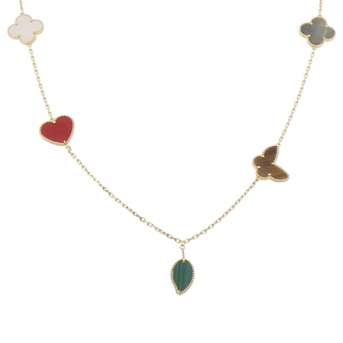 Van Cleef & Arpels Lucky Alhambra 12 motif necklace: --- Catalog ---Category: SizeWidth: 2.2mm / 0.09''Weight: 47.5g / 1.67oz.Neck Circumference: 90 cm / 35.43''Category: DesignStone: Carnelian, Malachite, Tiger's eyeGender: WomenMaterial: Yellow gold (