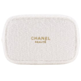 CHANEL 2024 Christmas Coffret Novelty Pouch, White Tweed with Zipper, Women's