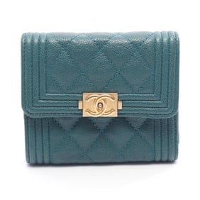 CHANEL Boy Chanel Tri-fold Wallet in Grained Calfskin Leather, Green, Women's, A84432