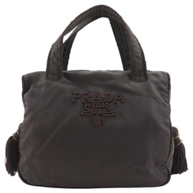 Prada Beaded Logo Handbag B3763, Brown Nylon, A5 Size, Zipper, Beads Logo, Women's