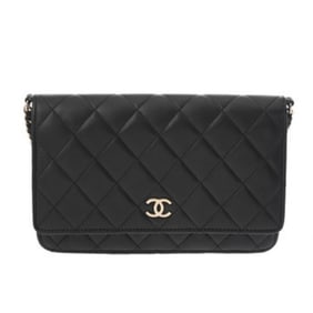 CHANEL Matelasse Chain Wallet, Pearl Black, Women's Lambskin Shoulder Bag, AB Rank, Pre-owned, Ginzo