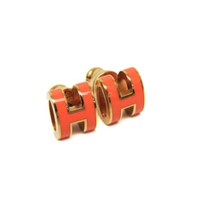 Hermes Pop H Mini Lacquer,Metal Stud Earrings Gold,Orange