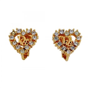 Christian Dior earrings, heart motif, GP plated, rhinestone, gold, for women.