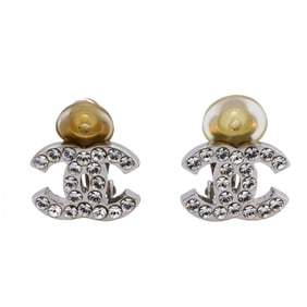 Chanel Coco Mark Metal Rhinestone Silver Earrings for Women