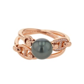 Hermes Hermès Albertine Chaine d'Ancre Double Black Pearl and Diamond Ring, 18KPG, Size 51