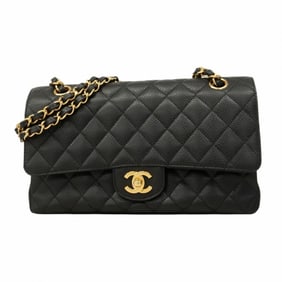 Chanel Matelasse Shoulder Bag with Double Flap and Chain, Caviar Skin, Black, Women's