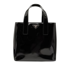 Prada Triangle Logo Plate Handbag Tote Bag Black Patent Leather Women's PRADA