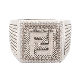 Fendi FF logo ring in stainless steel for men, silver finish
