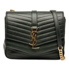 Saint Laurent logo chain shoulder bag in green and gold leather for women.