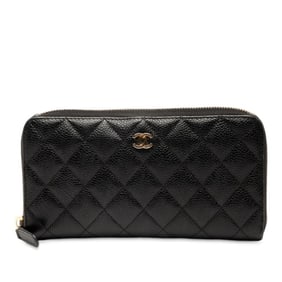 CHANEL Matelasse Coco Mark Round Zip Long Wallet in Black Caviar Leather for Women