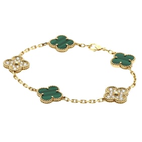 Van Cleef & Arpels Vintage Alhambra Malachite and Diamond Bracelet in 18K Yellow Gold for Women