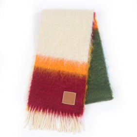 LOEWE Women's Mohair Wool Scarf with Monogram Leather Patch and Fringe, Multicolor, Made in Spain,