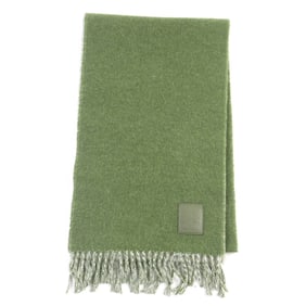 LOEWE reversible wool and cashmere scarf with Anagram logo leather patch. Available in khaki green