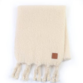 LOEWE Women's Large Mohair Wool Shawl with Anagram Leather Patch and Fringe, Ivory, Made in Spain,