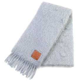 LOEWE F655254X01 Mohair Wool Scarf with Anagram Leather Patch and Fringe, Light Gray, Made in Spain,