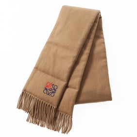 LOEWE 100% Cashmere Anagram Embroidered Fringe Padded Scarf Brown, Made in Italy, Authentic Women's