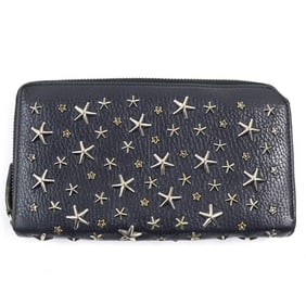 JIMMY CHOO Calfskin Leather Round Zip Wallet with Crystal Star Studs, Navy Blue, Made in Italy