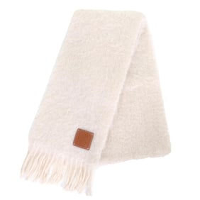 LOEWE F655254X01 Mohair Wool Anagram Logo Patch Fringe Long Scarf, Ivory, Made in Spain, Authentic,