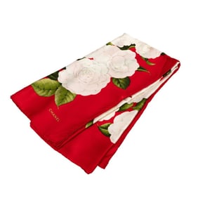 CHANEL Camellia Motif Scarf, Red, White, Green, Silk, Women's,