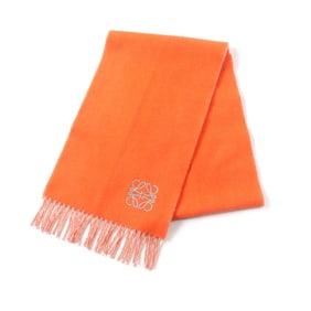 LOEWE Women's Wool and Cashmere Blend Scarf with Anagram Embroidery Fringe, Orange, Made in England,