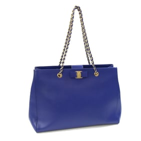 Salvatore Ferragamo Vara Tote Bag 21F561 Royal Blue Leather Chain Shoulder with Ribbon, Women's