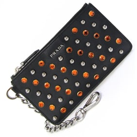 Prada Pouch 2M1273 Black Leather Coin Purse with Studs and Beads