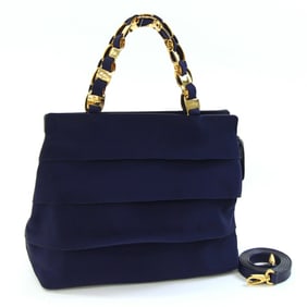 Salvatore Ferragamo Vara 21 5251 handbag in navy blue canvas, leather, and ribbon. Women's.