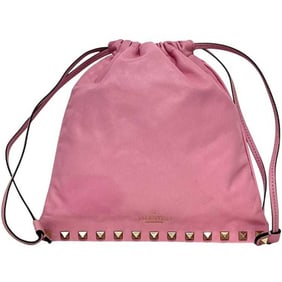 Valentino Garavani Drawstring Pouch f-24580, Pink Leather with Studs. VALENTINO GARAVANI Studded