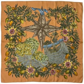 Hermes Hermès Carré 90 Scarf (ec-24547) in Orange Beige. PASSIFLORES. 100% Silk. Passion Fruit.
