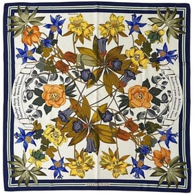 Hermes Hermès Carré 90 Scarf (ec-24548) in White and Navy. 100% Silk with a Hellas Flower Design.