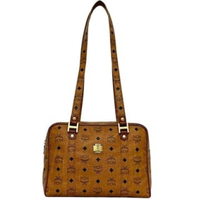 MCM Shoulder Bag ec-24573 Beige Tote with PVC Leather and Brown Hardware. Boston Handbag for Men