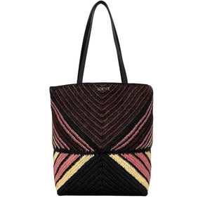 Loewe Fold Tote Medium f-24494 in black, burgundy, pink, and beige. Puzzle A779G50X37. Raffia