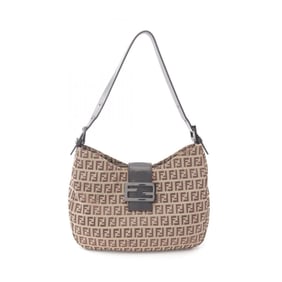 Fendi Zucchino Shoulder Bag, Canvas and Leather, Women's, Beige Brown, 8BR036