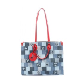 Louis Vuitton On the Go GM Denim Monogram Tote Bag, and Leather, Women's, Navy Red, M44992