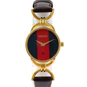 GUCCI Sherry Line 6700L Watch, GP/Leather, Gold, Quartz, Green & Red Dial, Women's