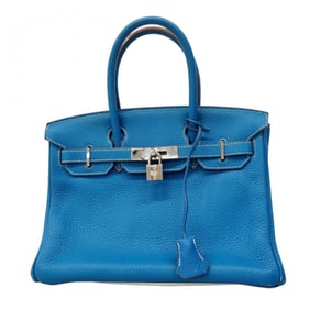 Hermes Hermès Birkin 30 Handbag, Taurillon Clemence Leather, White, Blue, Mykonos, O Stamp, Women's