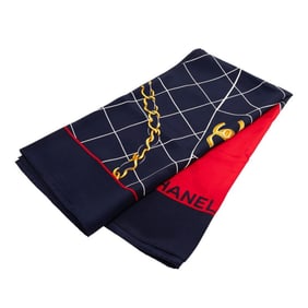CHANEL logo matelasse bag motif scarf, red, navy, multicolor, silk, women's,