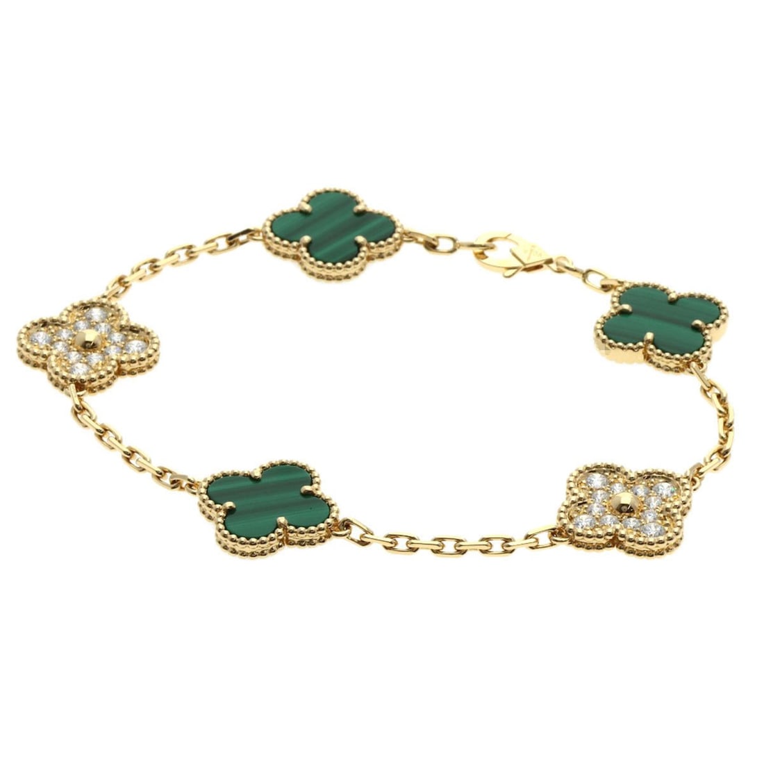 Van Cleef & Arpels Vintage Alhambra Malachite and Diamond Bracelet in 18K Yellow Gold for Women: --- Catalog ---Category: SizeLength: 18cm / 7.08''Category: DesignType: Charm braceletColor: Yellow goldStone: Diamond, MalachiteGender: WomenSeason: VintageMaterial: Yellow gold (18K)Category: Genera