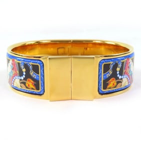 HERMES Roque Enamelled GM Fan Pattern Cloisonné Bangle Bracelet in Gold and Multicolor, with Box,