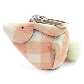LOEWE Women's Gingham Check Rabbit Charm Leather Wallet/Coin Case in Pink and White with Silver