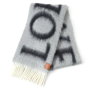 LOEWE F811257X03 Wool and Mohair Logo Anagram Fringe Long Scarf, Gray, Current Model, Made in Italy,