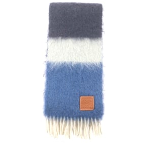 LOEWE Men's Mohair Wool Anagram Scarf with Leather Patch and Fringe, Navy Multicolor, Made in Spain,