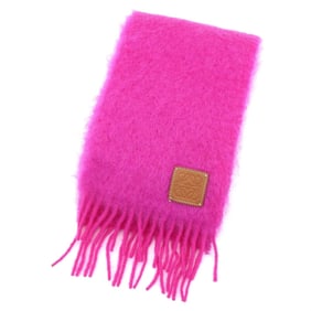 LOEWE Women's Pink Mohair Wool Scarf with Anagram Leather Patch and Fringe, Made in Spain, Authentic